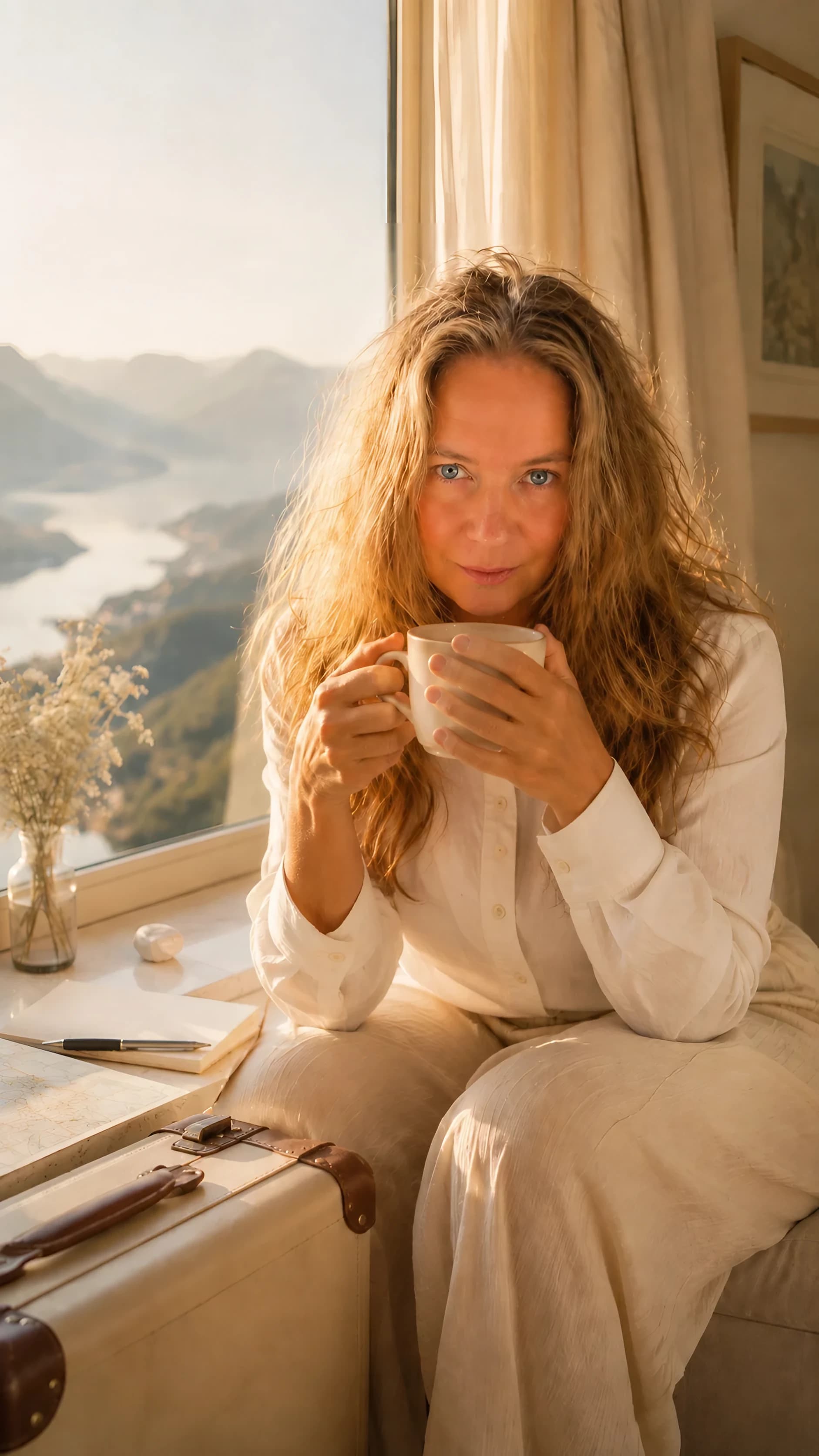 Anna Thoma, Astrogeografin, am Fenster mit Blick auf See und Berge: Astrogeografie Beratung für die Schweiz