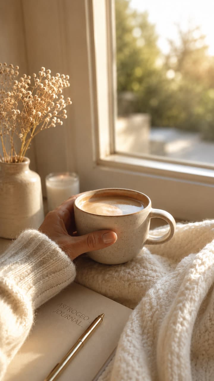 Hände mit Cappuccino und Notizbuch in einem hellen Zuhause: Raumastrologie richtet deine Räume nach deinem Horoskop aus